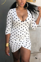 White Fashion Sexy Dot Print Asymmetrical V Neck Long Sleeve Dress