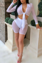White Sexy V Neck See-through Gauze Two-piece Shorts Set(With Briefs)