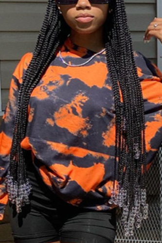 Orange Casual Print Tie-dye O Neck Tops