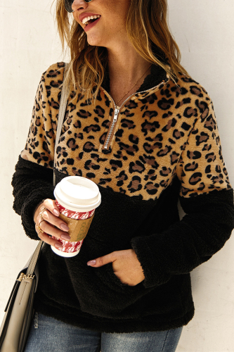Black Fashion Patchwork Long Sleeve Leopard Print Top