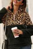 Wine Red Fashion Patchwork Long Sleeve Leopard Print Top