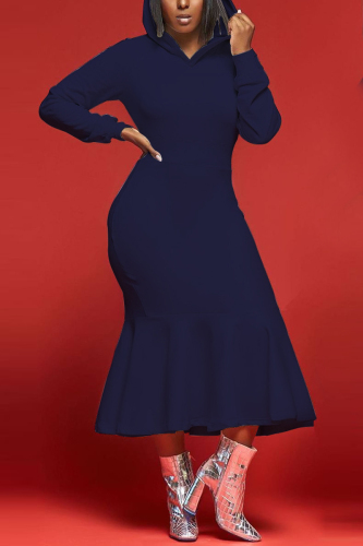 Tibetan Blue Fashion Casual Solid Basic Hooded Collar Long Sleeve Dress Dresses