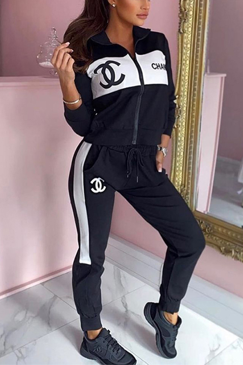 

Black Casual Print Letter Turndown Collar Long Sleeve Two Pieces