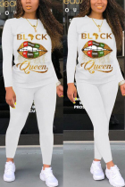 White Fashion Casual Letter Lips Printed Basic O Neck Long Sleeve Two Pieces