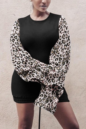 Black Fashion Sexy Leopard Split Joint O Neck Long Sleeve Dress