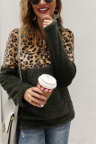 Army Green Fashion Patchwork Long Sleeve Leopard Print Top