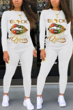 Black Fashion Casual Letter Lips Printed Basic O Neck Long Sleeve Two Pieces