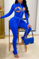 Blue Fashion Sexy Patchwork Solid Hollowed Out Turtleneck Skinny Jumpsuits