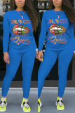Blue Fashion Casual Letter Lips Printed Basic O Neck Long Sleeve Two Pieces
