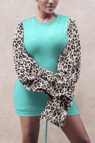 Lake Blue Fashion Sexy Leopard Split Joint O Neck Long Sleeve Dress