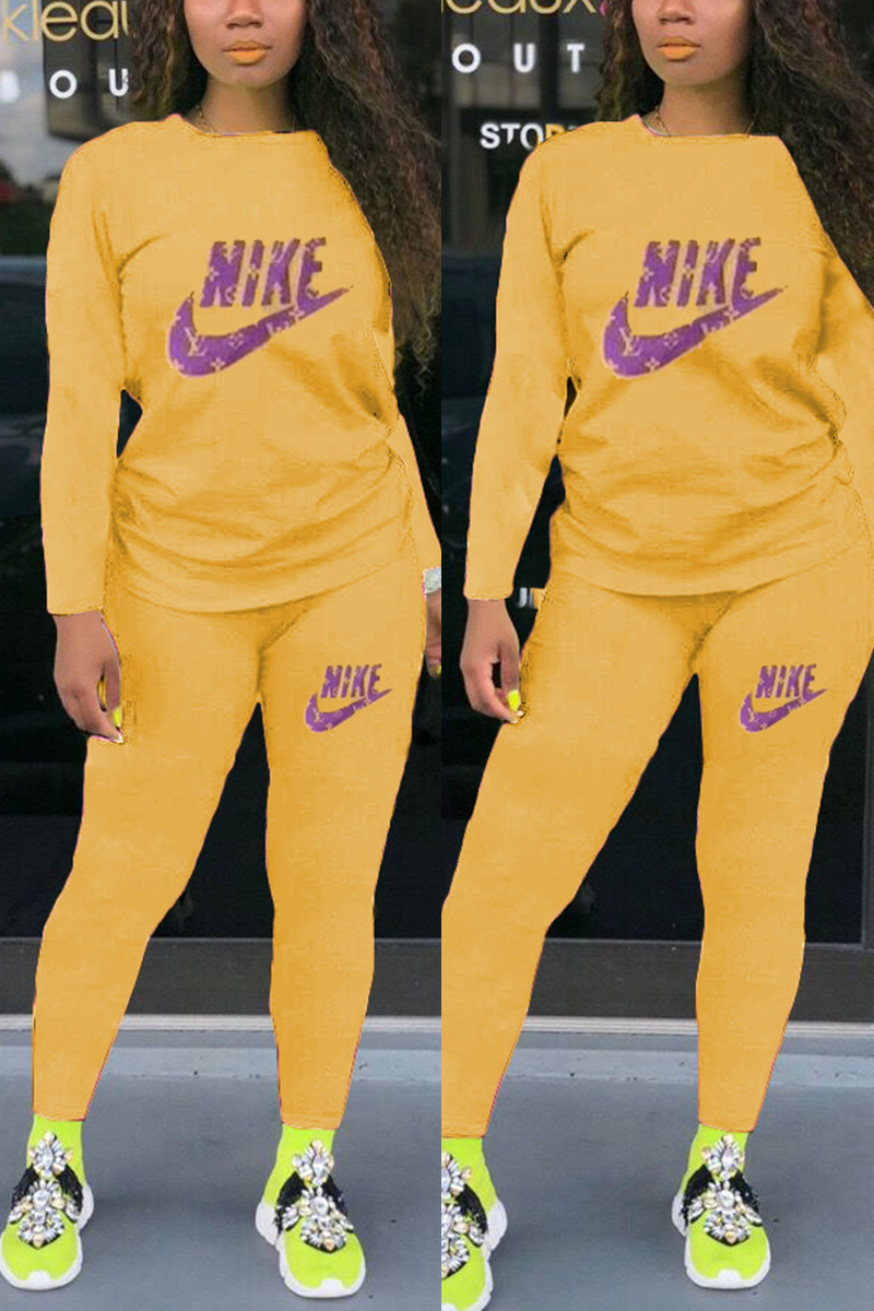 

Yellow Fashion Casual Letter Print Basic O Neck Long Sleeve Two Pieces