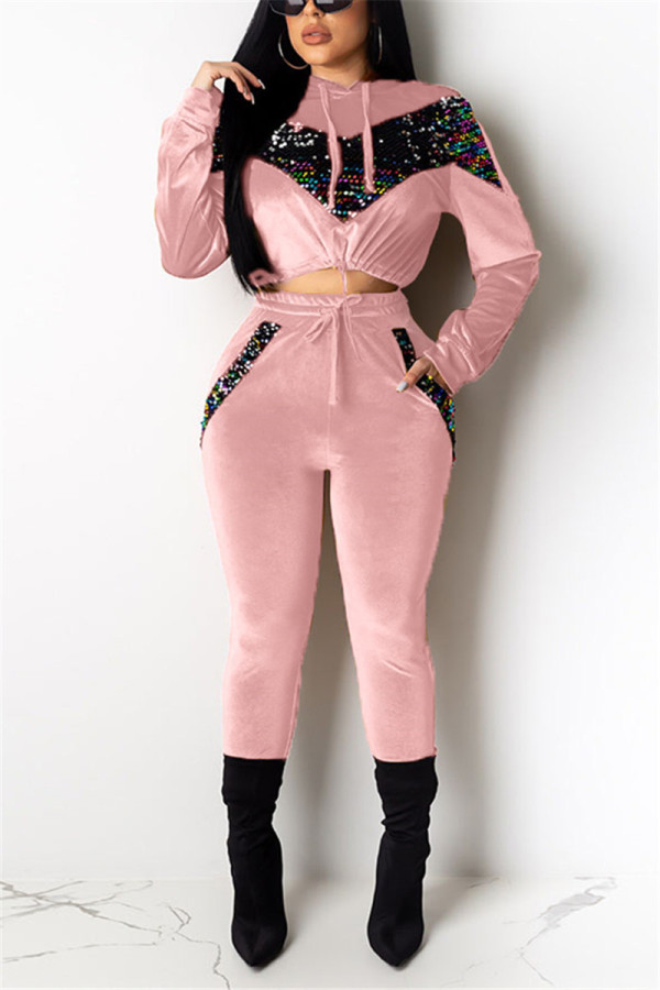 Pink Casual Solid Sequin Patchwork Two Piece Suits pencil Long Sleeve Two-piece Pants Set