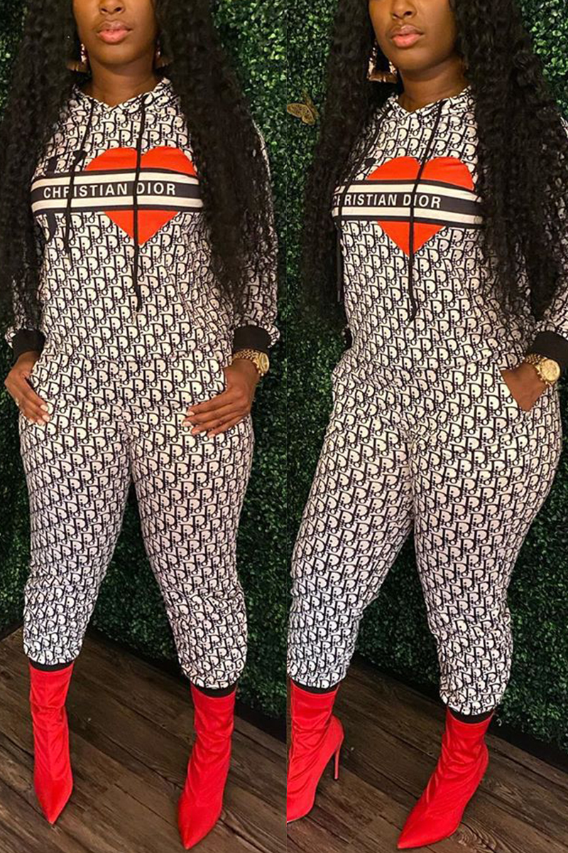 

White Fashion Casual Print Basic Hooded Collar Long Sleeve Two Pieces