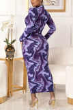 Purple Casual Print Half A Turtleneck Wrapped Skirt Dresses