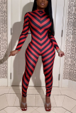 Red Street Striped Patchwork O Neck Skinny Jumpsuits