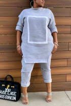Grey Daily Solid Patchwork O Neck Long Sleeve Two Pieces