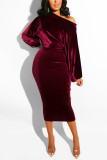 Dark Purple Fashion Casual Solid Basic Oblique Collar Long Sleeve Dress