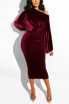 Wine Red Fashion Casual Solid Basic Oblique Collar Long Sleeve Dress