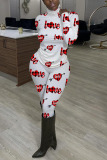 White Red Living Print Patchwork Turtleneck Long Sleeve Two Pieces
