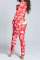 Red White Casual Print V Neck Skinny Jumpsuits