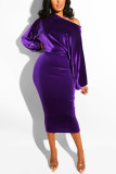 Dark Purple Fashion Casual Solid Basic Oblique Collar Long Sleeve Dress