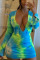 Light Blue Sexy Print V Neck A Line Dresses