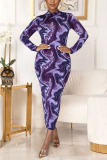 Purple Casual Print Half A Turtleneck Wrapped Skirt Dresses