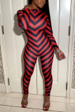 Red Street Striped Patchwork O Neck Skinny Jumpsuits
