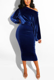 Deep Blue Fashion Casual Solid Basic Oblique Collar Long Sleeve Dress