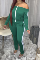 Green Sexy Patchwork Slit Bateau Neck Long Sleeve Two Pieces