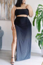 Black Sexy Casual Solid Backless Slit Spaghetti Strap Plus Size Set