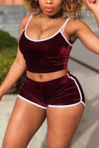 Wine Red Polyester Fashion Casual Slim fit crop top Solid Regular  Two-Piece Short Set