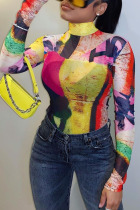 Multicolor Casual Print Turtleneck Tops
