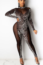 Black British Style Print Patchwork O Neck Skinny Jumpsuits