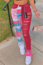 Red Fashion Casual Print Ripped Regular Trousers