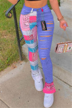 Light Purple Fashion Casual Print Ripped Regular Trousers