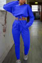 Blue Work Daily Solid Patchwork O Neck Long Sleeve Two Pieces