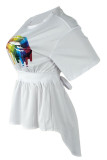 White O Neck Short Sleeve backless ruffle Print asymmetrical HOLLOWED OUT Tees & T-shirts