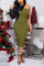 Army Green Sexy Asymmetrical Patchwork Mid Dress