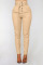 Khaki British Style Solid Buttons With Belt Regular Mid Waist Pencil Bottoms