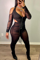 Black Fashion Sexy See-through Backless Spaghetti Strap Long Sleeve Two Pieces