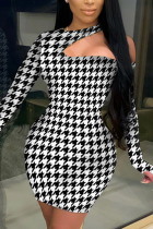 Black Sexy Print Split Joint Oblique Collar Wrapped Skirt Dresses