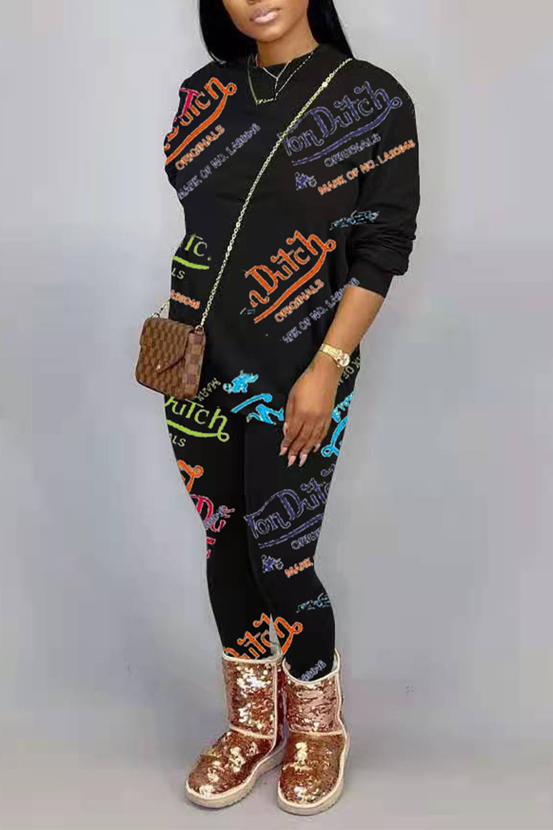 

Black Casual Letter Printing O Neck Long Sleeve Two Pieces