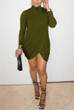 Wine Red Fashion Casual Solid Asymmetrical Turtleneck Long Sleeve Dress