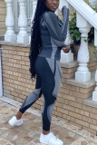 Grey Casual Geometric Patchwork O Neck Long Sleeve Two Pieces