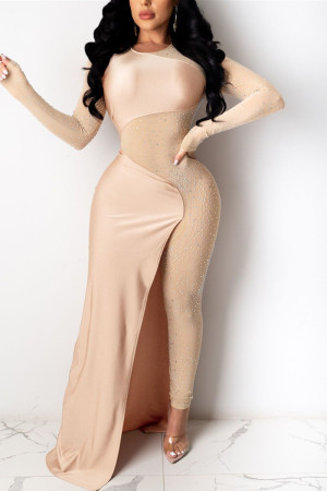 Apricot Fashion Sexy Patchwork See-through O Neck Skinny Jumpsuits