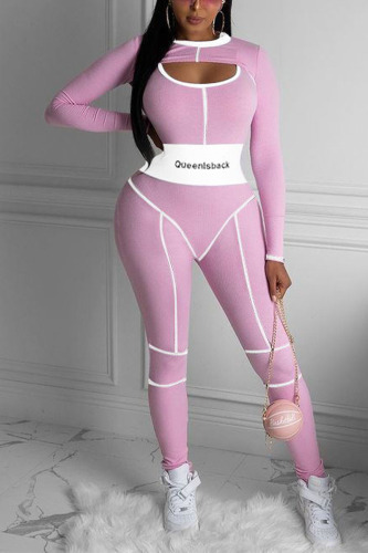 Pink Casual Striped Embroidered Patchwork O Neck Long Sleeve Two Pieces