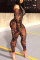 Brown Sexy Print perspective Mesh Leopard grain Polyester Long Sleeve one word collar Jumpsuits