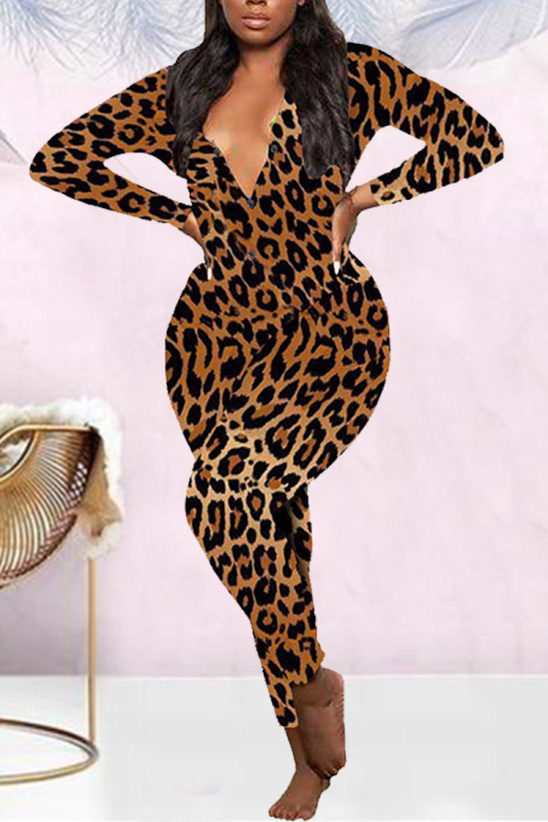 Brown Casual Living Print Basic V Neck Regular Jumpsuits