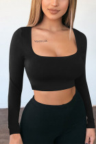 Black Sexy Solid Split Joint Backless Square Collar Tops
